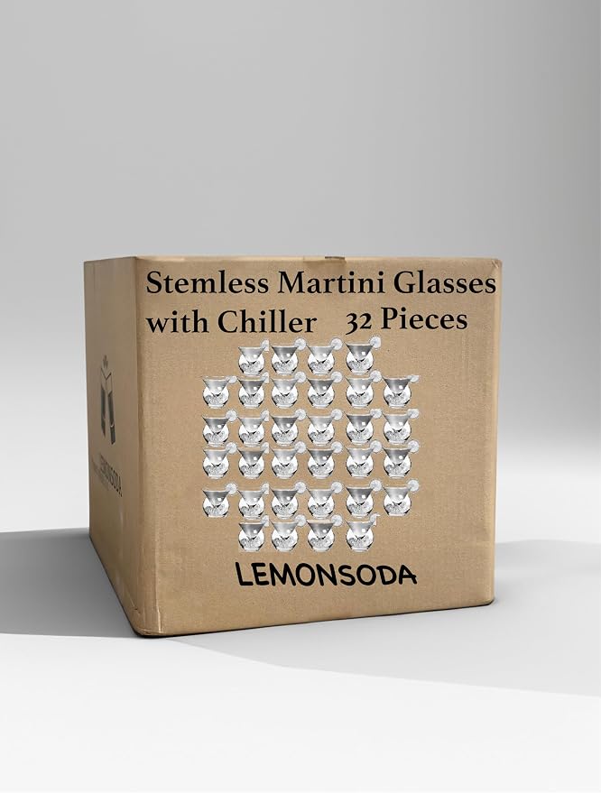 LEMONSODA Stemless Martini Glasses with Chiller - Set of 32 - Elegant Cocktail Glass Set- Martini Gift Set for Margarita, Espresso Martinis; Cosmopolitan, Manhattan Cocktails - Housewarming Gifts