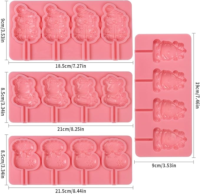 KALAIEN 4 Pack Christmas Lollipop Molds Set, Christmas Silicone Molds Candy Gummy Mold for Chocolate with 100pcs Lollypop Sucker Sticks