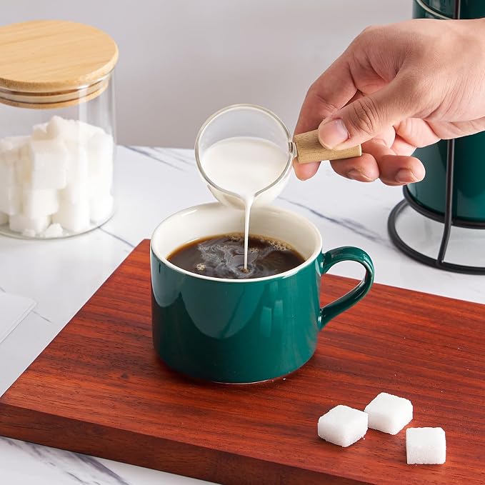 10oz Porcelain Stackable Coffee Mugs and Metal Stand Set of 4, Espresso Cups Set for Hot Drinks, Cappuccino, Tea-Green