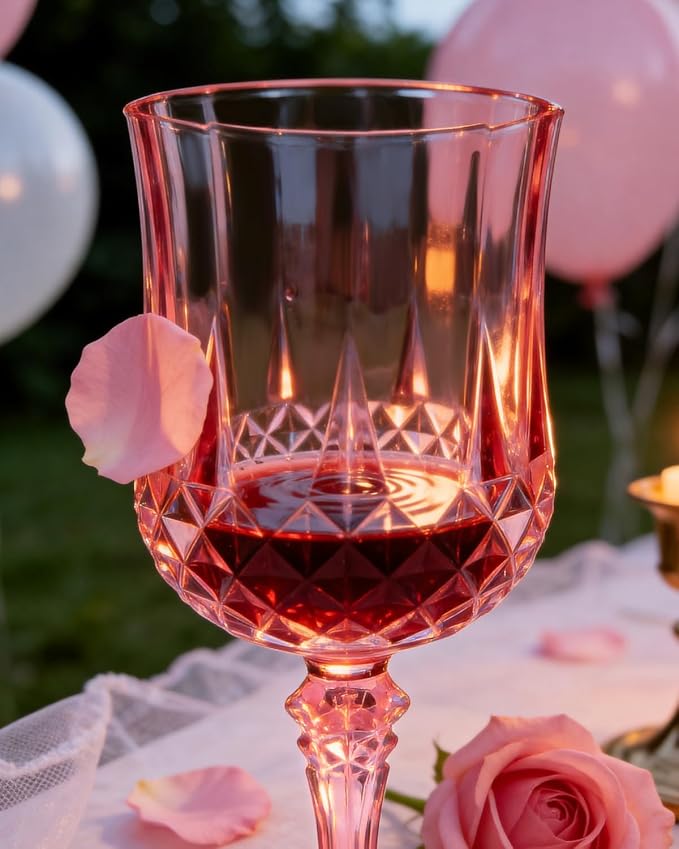 Ciaell 24PCS Pink Plastic Wine Glasses - 7 Oz Plastic Goblets for Party - Pink Vintage Drinking Glasses - Disposable Water Goblets Set for Wedding, Bar, Wine, Cocktail, Whiskey