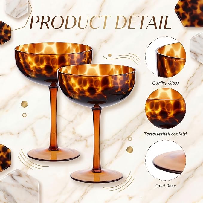 Honeydak Set of 4 Tortoise Leopard Print Brown 7oz Rocks Glasses Stylish Stemless Cocktail Cups Glass Glassware Tumbler Ideal for Gin, Tequila, Vodka, Soft Drinks (Goblet)