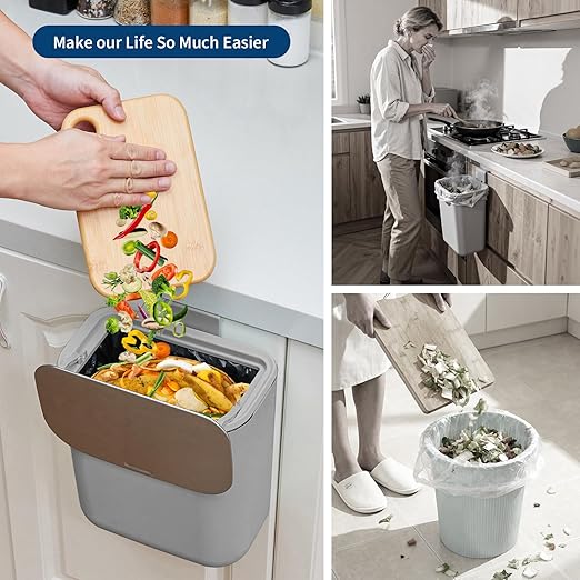 Hanging Kitchen Trash Can with Lid - 2.4 Gallon Small Compost Bin for Cabinet Door, Under Sink - Odor-Sealing Stainless Steel Top Food Waste Bin for RV, Bathroom, Office - Indoor Recycling Bin