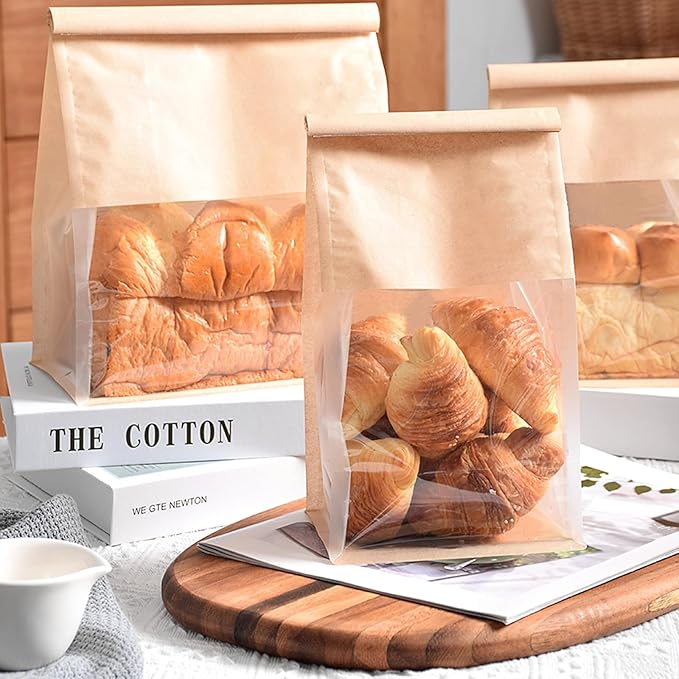 Ocmoiy 50Pcs Bakery Bags with Window, Resealable Tin Tie Tab Lock Bread Storage Bag, Clear Front Snack Bags for Packaging Cookies, Loaf, Popcorn, Paper Treat Bags