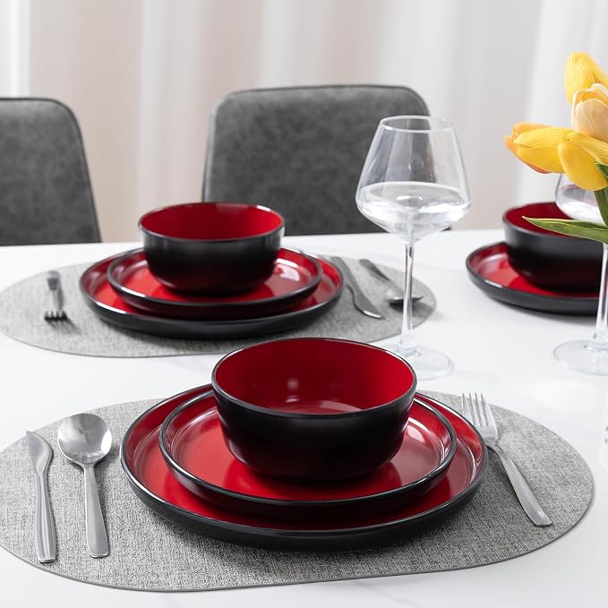 12-piece Dinnerware Sets Service for 4 - Dinner Plate, Dessert Plates, Cereal Bowls, Lightweight Melamine Plates and Bowls Sets, RV, Kitchen Dishes for Outdoor Use, Red and Black