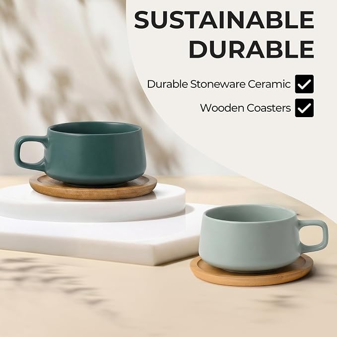 MIAMIO – 11 Oz., Set of 4 Ceramic Tea Cup and Saucer Bamboo/Tea Mug - Wide Cappuccino Cup, Coffee Cups Ceramic Mug for Cappuccino, Latte, Espresso & Americano - Luxe Collection (Evergreen)