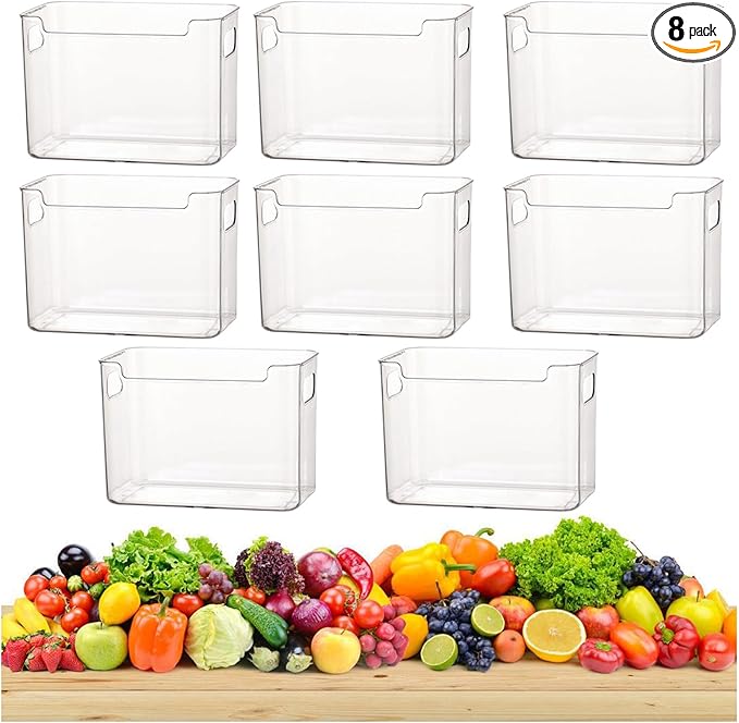 2/4/6/8 Pcs Crystal Clear Freezer Storage Bins, Freezer Organizer Bins, Clear Plastic Bins, Stackable Kitchen Cabinet Organizer with Handles for Frozen Food, Meat & Veggies (8, Transparent, L)