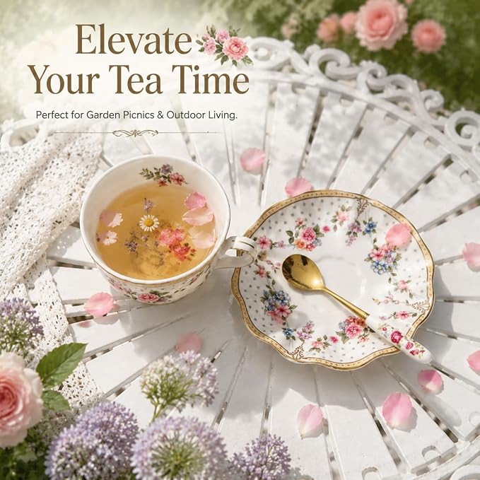 Noviko 7 oz Floral Tea Cups and Saucers Set Fancy Teacup for Women and Tea Parties