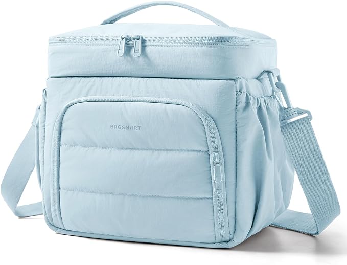 BAGSMART Puffy Insulated Lunch Bag, Lightweight Large 14L Double Deck Lunch Box for Women, Soft Cooler Tote for Office Work Travel Camping with Stretch Side Pockets Fits 40 oz Bottle, Blue