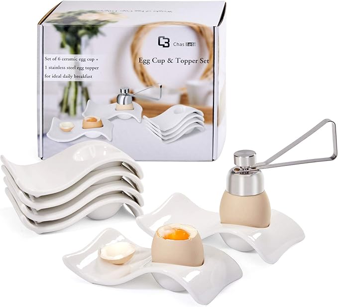 Egg Cups for Soft Boiled Eggs, Ceramic Egg Cup, Soft Boiled Egg Holder 6 + 1 Egg Topper Cutter for Decor/Breakfast/Brunch