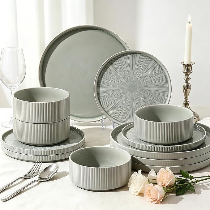 Dinnerware Sets, Ceramic Plates and Bowls Set 12 Piece Dinnerware for 4 Chip Resistant Stoneware with Advanced Inkjet Printing Technology, Dishwasher and Microwave Safe-Sage Green