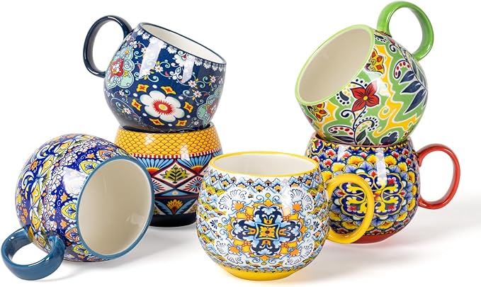 HENXFEN LEAD Boho Ceramic Coffee Mugs Set of 6, 20 oz Large Cups for Tea, Latte, Hot Chocolate & Soup – Microwave & Dishwasher Safe