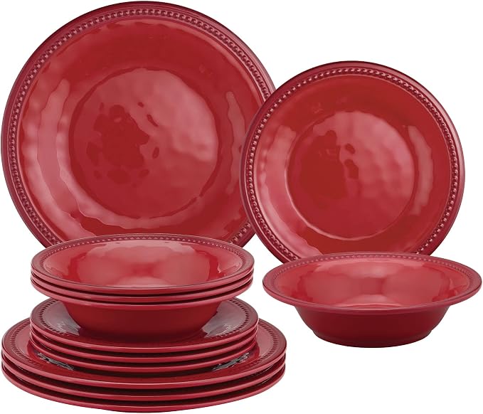 UPware 12 Piece Beaded Melamine Dinnerware Sets, Outdoor Dishes Set, Plates and Bowls Sets, Service for 4, Red