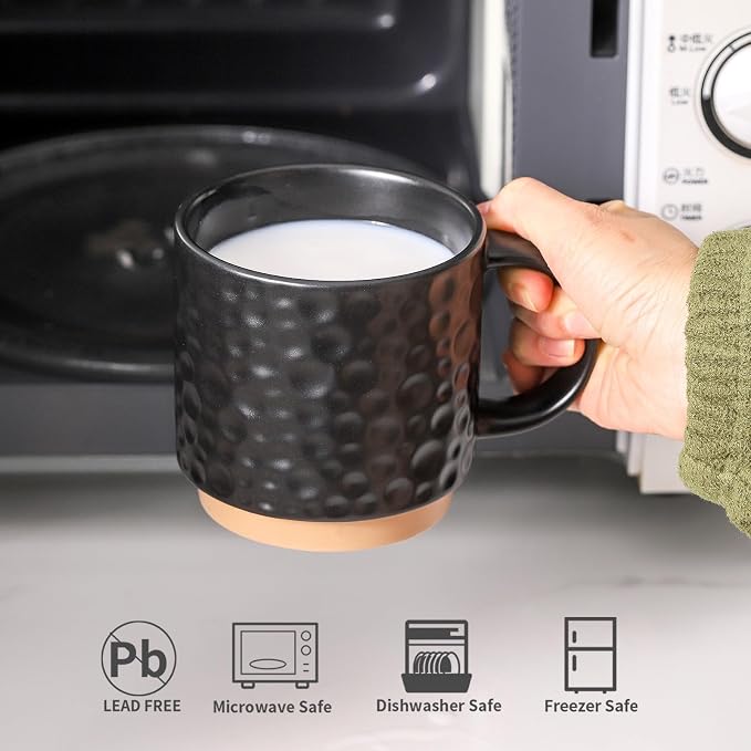 Nihow Ceramic Coffee Mug Set of 4, 16OZ Stackable Coffee Mug Set with Stainless Stand,Large Cup Set for Cappuccino,Tea,Hot/Cold Drinks,Dishwasher & Microwave Safe,Matte Black
