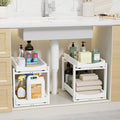 Bamboo Under Sink Organizer Adjustable Height 2 Tier Bathroom Organizer Pull Out Cabinet Storage Kitchen Heave Duty Wood Slide Ou Shelf for Kitchen Bathroom (Black, 2 Packs) (White, 2 Packs)