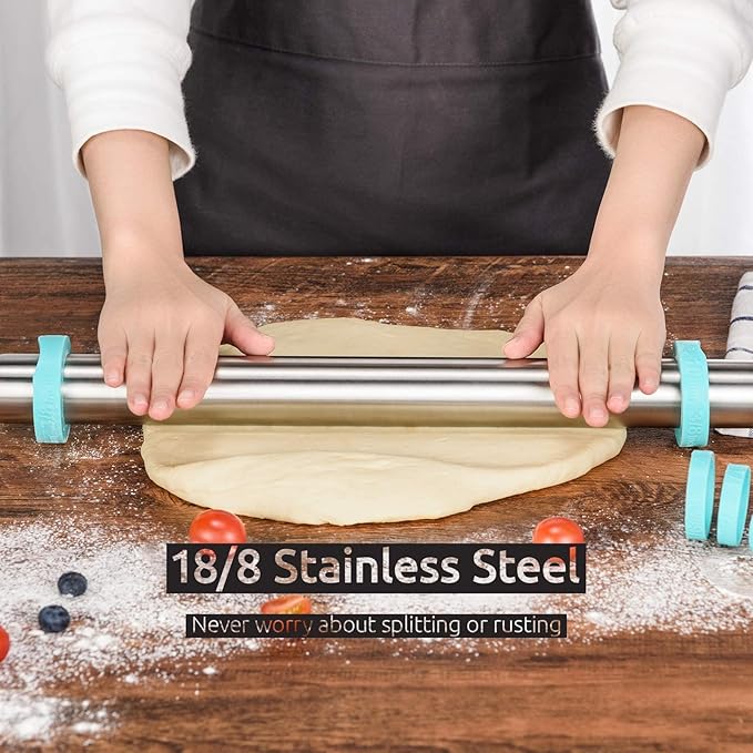 U-Taste 18/8 Stainless Steel Measuring Cup and Spoon Set of 10 Multicolor and 16 inch Adjustable Rolling Pin with Silicone Removable Thickness Rings Aqua Sky