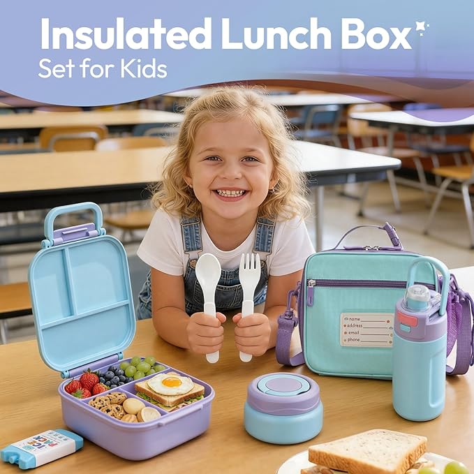 Itslife Bento Lunch Box for Kids Set, insulated food container, 7 oz thermos for hot food, 12 oz thermos water bottle, Reusable Insulated Ice Bag & Fork Spoon Utensils Camping Travel Purple