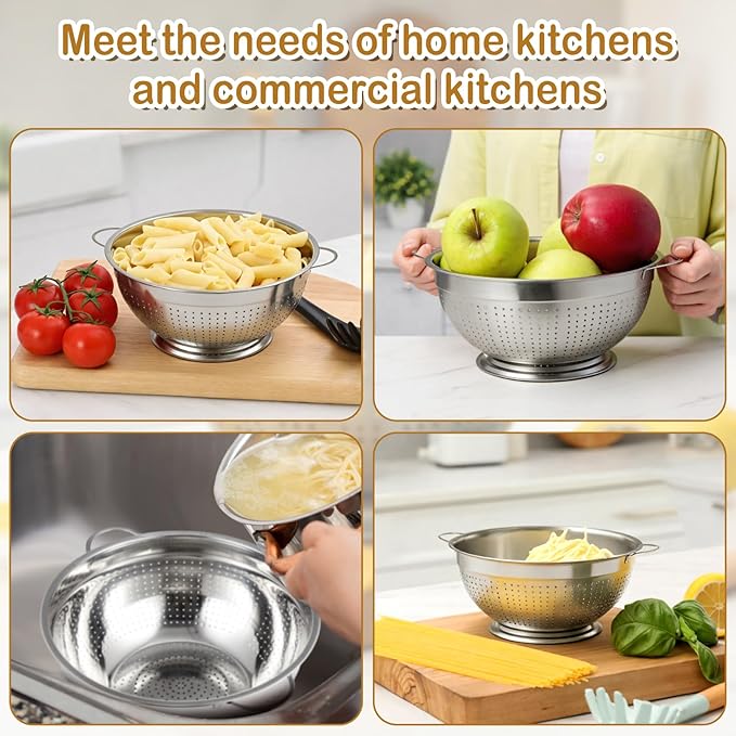 Maxdot 2 Pack 5 Quart Heavy Duty Stainless Steel Colander with Footed Base and Handles Pasta Spaghetti Berry Fruit Vegetable Kitchen Food Strainer Basket