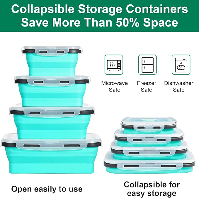 Sudaya 8 Pack Collapsible Food Storage Containers With Lids, Collapsible Storage Containers Sets Silicone Collapsible Bowls For Camping, RV Accessories, Travel Trailer Must