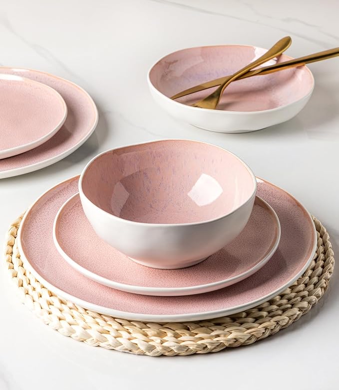 GBHOME Stoneware Dinnerware Sets for 6, 24 Pieces Rustic Ceramic Plates and Bowls Set, Handmade Reactive Glaze Plate Sets, Highly Chip Resistant Dishes, Microwave & Dishwasher Safe, Pink
