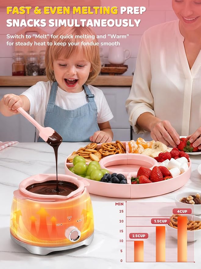 LUSHYUM Electric Chocolate Fondue Set, 4-Cup Chocolate, Rotating Tray | Melt & Warm Modes, Dual Silicone Inserts, 6 Color-Coded Forks, Easy-Clean, Ideal for Candy Melts, Couple Family, Date Night