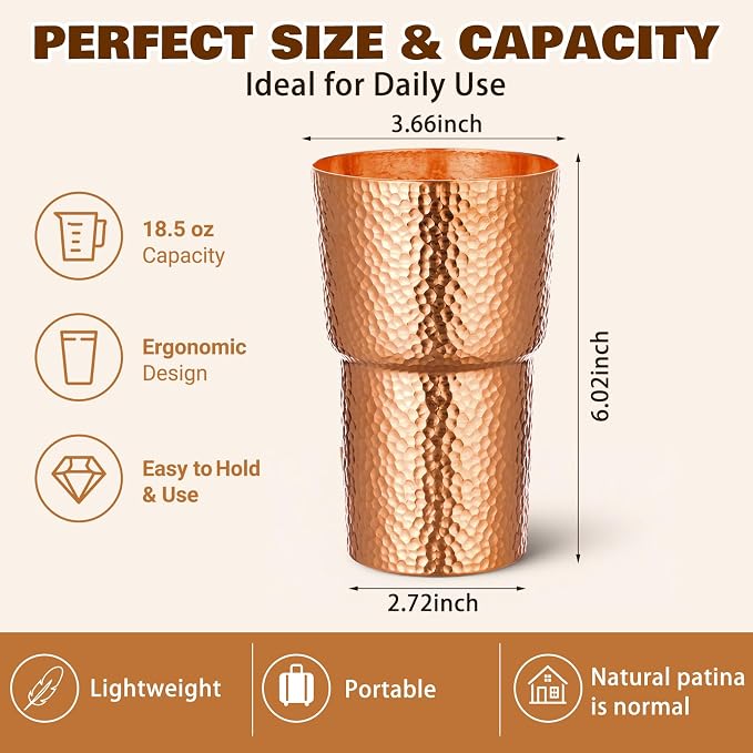 Willinglong 2 Pcs 100% Pure Copper Cup Tumblers 24 oz Handcrafted Hammered Copper Cups, Ayurvedic Health Benefits Drinking Vessel for Family Health Water, Cocktails, Iced Tea Glasses(Novel)