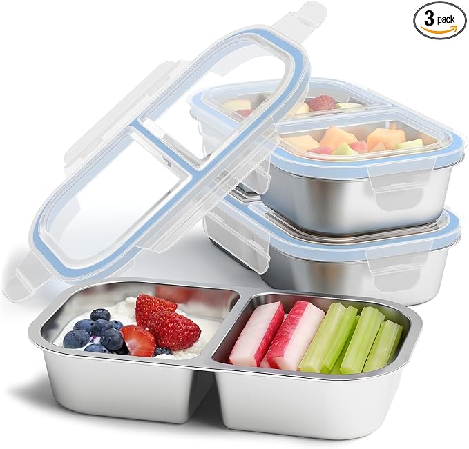 3 Pack Stainless Steel Snack Containers, 2 Compartment Reusable Metal Snack Boxes Containers with Leak-Proof Lids, Compact Lunch Box Food Storage Container