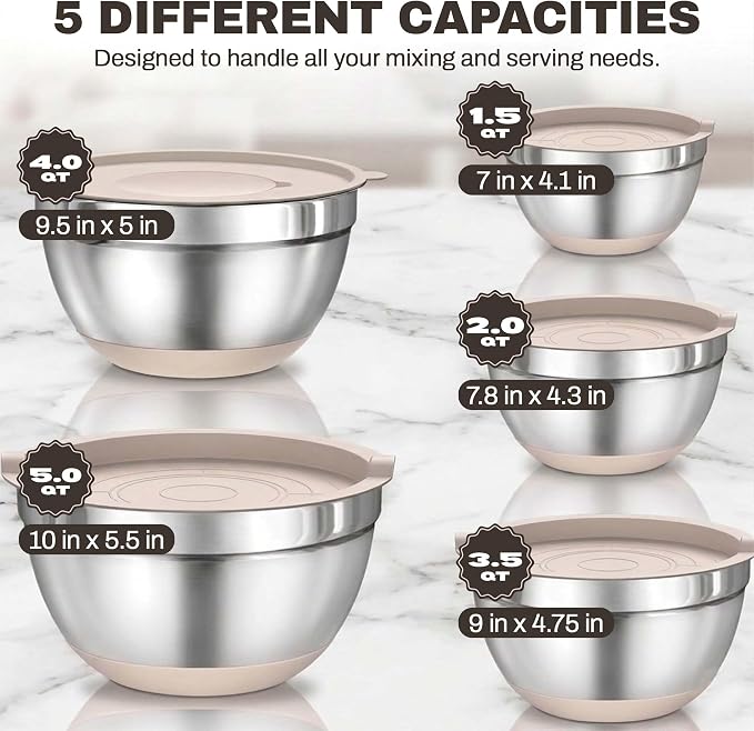 Four Flowers Heavy-Duty Mixing Bowls Set with airtight lids – 11 PCS Stainless Steel Nesting Kitchen Bowls, Mixing Bowls with Non-Slip Bottoms and Grater Attachment, Best for Mixing and Serving