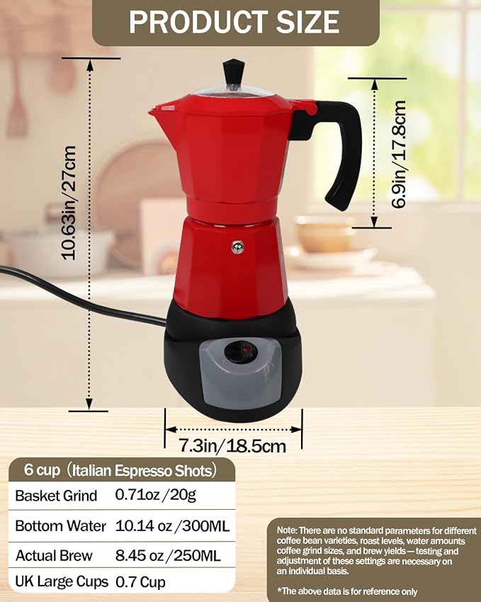 Electric Moka Pot with Detachable Base Aluminum Espresso Maker 10oz 6 Cup 300ml Red Italian Coffee Maker for Kitchen Home 110V