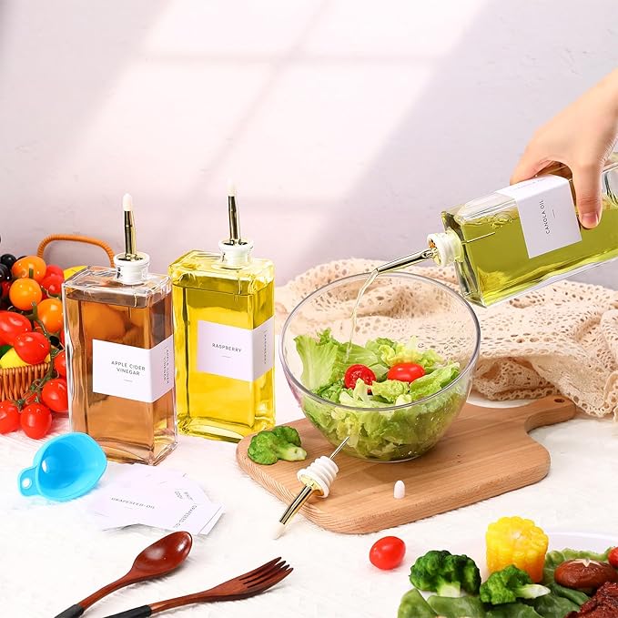 Reallnaive 10 Sets Olive Oil Dispenser Bottles for Kitchen with Nozzles Funnel Labels Cooking Oil Dispenser 500ml Set for Kitchen Vinegar Coffee Syrup (Gold)