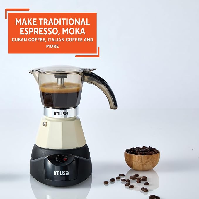 IMUSA 3 or 2 Cup Electric Almond Espresso Maker, Compact Moka Coffee Machine with Keep Warm Function, Detachable Base, Milk Coffee Brewer for Cuban, Italian & Espresso Drinks
