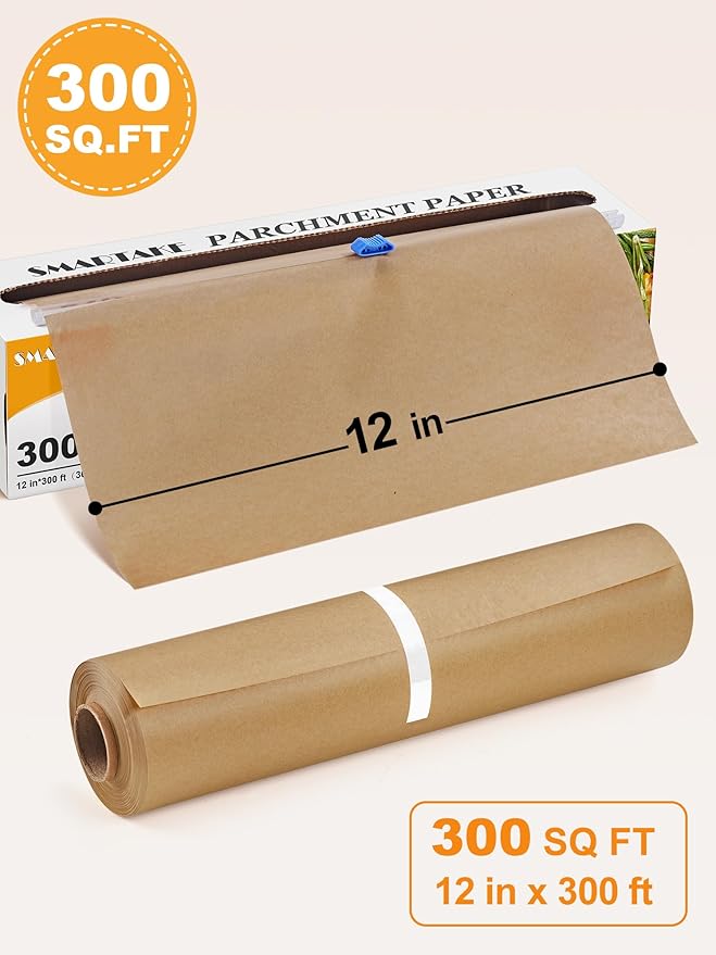 SMARTAKE Parchment Paper Roll for Baking, 12 in x 300 ft, 300 sq.ft, Non-Stick Baking Paper Sheets with Slide Cutter, Heavy Duty Extra Long, for Kitchen Baking Cooking Grilling Steaming, Unbleached