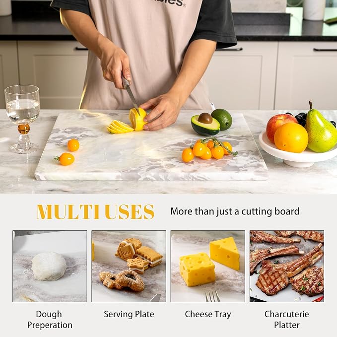 Koville Marble Cutting Board for Kitchen, 20x16 Inches Large Marble Slab Cheese Board, Rectangular Serving Board for Baking Charcuterie Pastry, Natural Stone Board for Countertop(Oyster White)