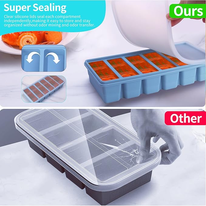 2-Pack Silicone Freezer Trays with Lid,6 Large 1/2-Cup(125ml)&15 Small 2 Tbsp(30ml) Soup Freezer Container Molds,Ice Cube Tray For Meal Prep&Freezing Soup,Stews,Sauces, Garlic, Herbs (Blue 2 Pack)