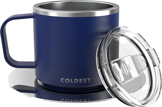 Stackable Insulated Espresso Cup with Saucer by Coldest - Insulated Triple Wall Travel Stainless Steel Travel Double Shot Espresso Coffee Mug with Sliding Lid (4 oz, Dark Blue)