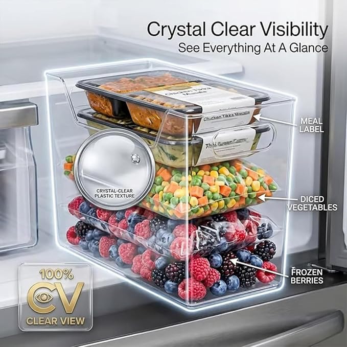 Crystal Clear Freezer Storage Bins, Stackable Fridge Organizer Bins with Handles, Clear Plastic Food Containers for Refrigerator and Pantry, Kitchen Organization for Meat & Veggies (Green*8, Small)