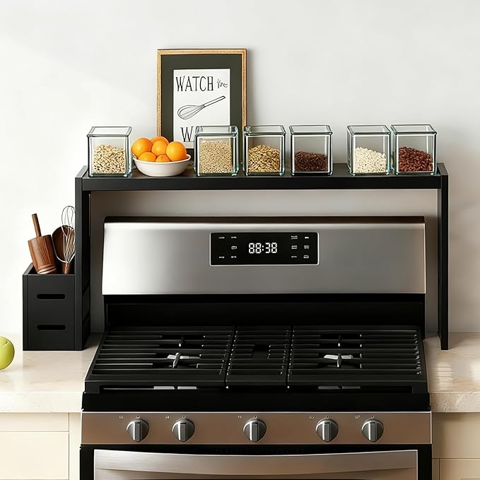 31-inch bamboo stove rack for above the hob, kitchen bamboo spice rack, supports up to 50 pounds. Bamboo stove rack for storing spices and kitchen utensils. (Black)