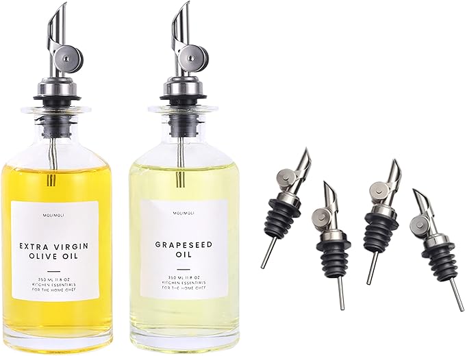 Molimoli Oil and Vinegar Dispenser with Metal Pour Spout Weighted Pourer, Glass Bottle Dispenser for Kitchen Weighted Stainless Steel Pourers, 4 (Pourers), 350ml Oil Bottles Silver