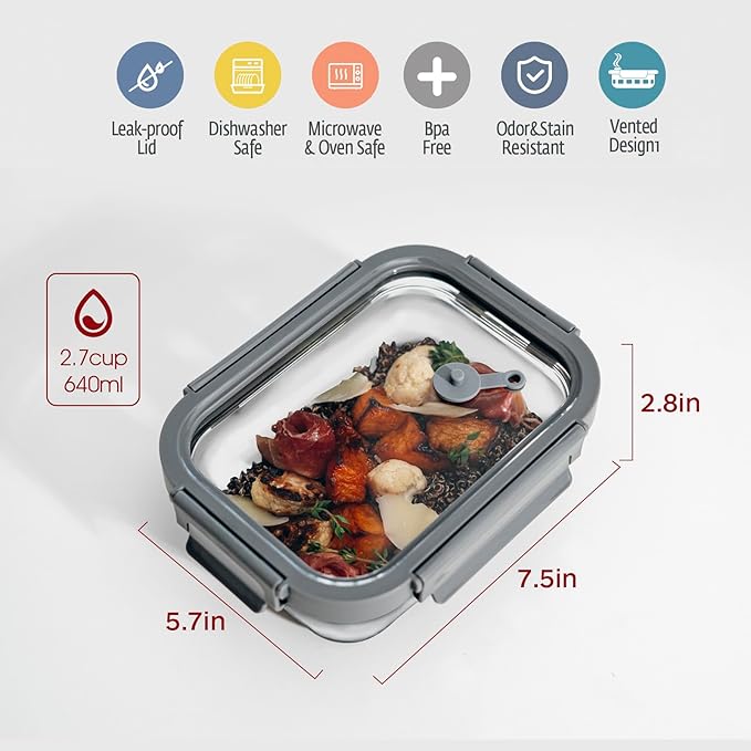 GENICOOK Glass Food Storage Containers with Glass Lids, Microwave Safe Food Container Set, Aitight Meal Prep Container Set, LeakProof, slicone sleeve,100% Plastic Free, 5 Pack 22oz