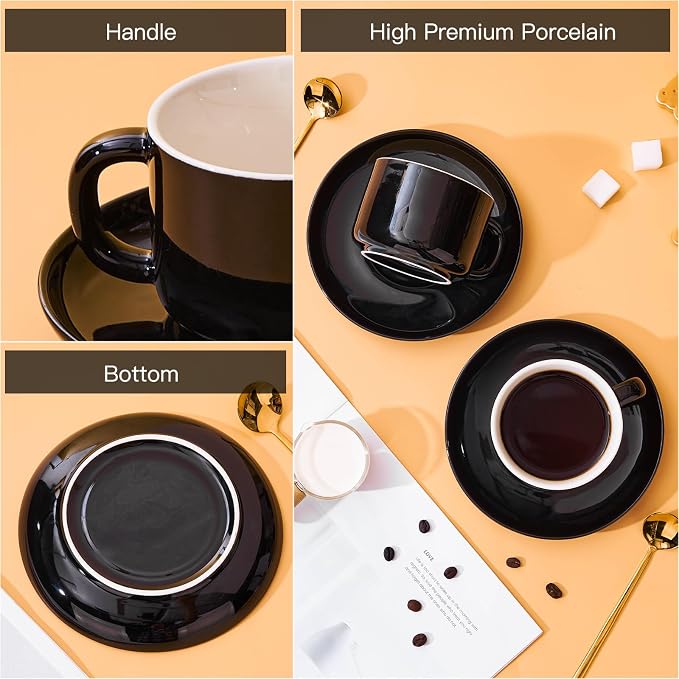 8oz Cappuccino Cups Set of 6, Tea Cups with Saucers and Spoons, Black Ceramic Tea Cups Set Coffee Mugs for Tea Cappuccino Espresso Latte Mocha Au Lait Macchiato Cafe