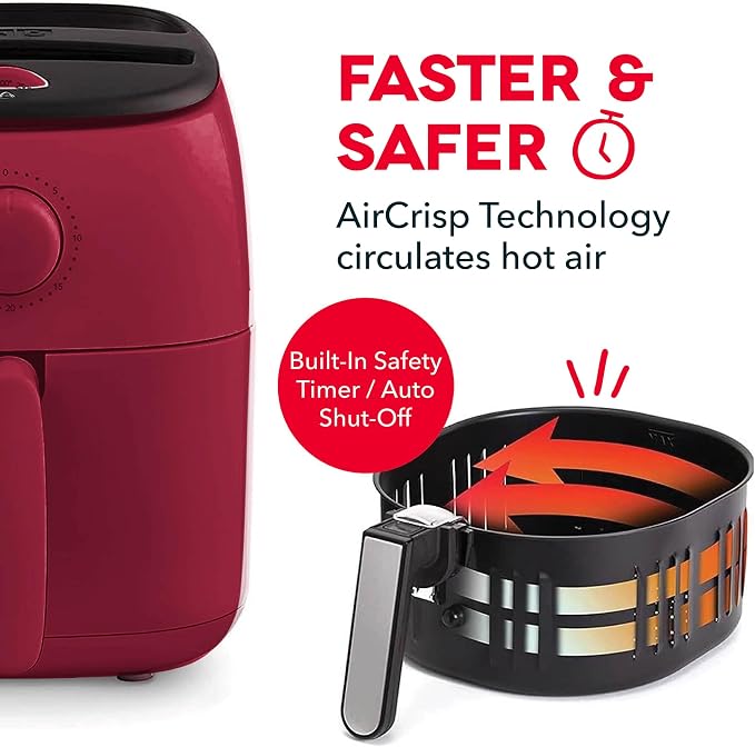 Dash Tasti-Crisp™ Air Fryer - AirCrisp® Technology - Compact Design with Adjustable Temperature Control - Nonstick Fry Basket & Auto Shut-Off Feature - 2.6 Quarts - Red