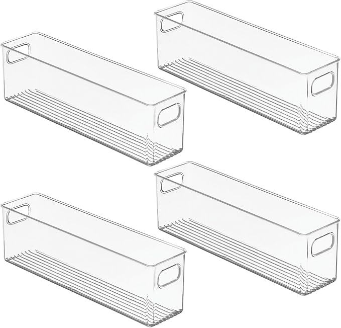 mDesign Plastic Bathroom Storage Container Bins w/ Handles - Closet, Cabinet, Vanity, Cupboard Shelf Organization, Hair Tools Accessory Organizer - Ligne Collection; Clear, 15.4x3.75x4.75 (Pack of 4)