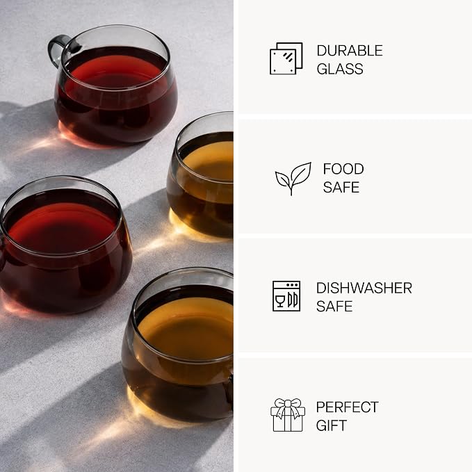 MIAMIO - 4x Glass Coffee/Tea Cups with Saucer (9.5 oz), Cappuccino Mugs/Tea Cup/Glass Mug for Coffee, Tea, Matcha, Latte, Coffee Cup with Saucer in a Set of 4 - Olea (Grey)