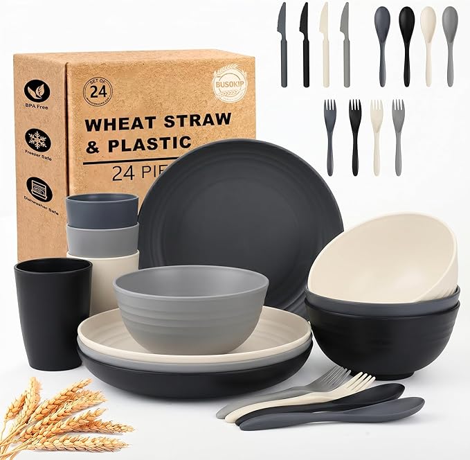 Kids Plates and Bowls Sets for 4, 24 Piece Wheat Straw Dinnerware Sets, Unbreakable & Stackable Dishware Sets, Microwave & Dishwahser Safe Dish Sets for Kitchen, Apartment, Dorm - BlackBeige