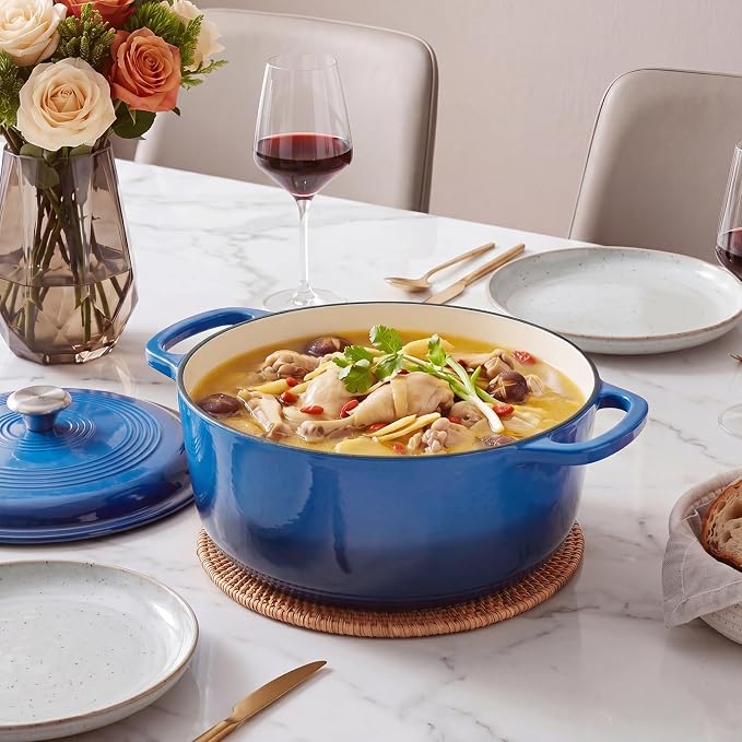 DUMOS Cast Iron Dutch Oven, 6 Quart Pot with Lid, Enameled Heavy Duty Cookware, Oven Safe to 500°F, Perfect for Bread Baking, Braising, Stews and Roasting, Moisture Sealing Lid with Dual Handles, Gradient Blue