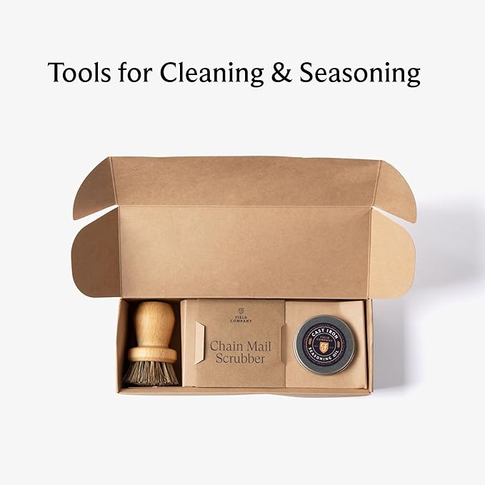 Cast Iron Care Kit – Chain Mail Scrubber, Natural Fiber Brush & Oil for Cleaning, Conditioning & Restoring Cast Iron Pans – Field Company