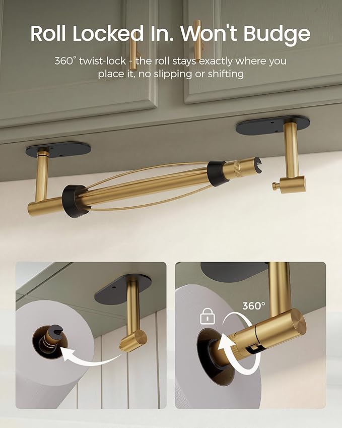 Paper Towel Holder Under Cabinet, Self Adhesive or Wall Mount for Kitchen Bathroom, Stainless Steel Paper Towel Holders with Damping Effect, Single Hand Operable (Black&Gold)