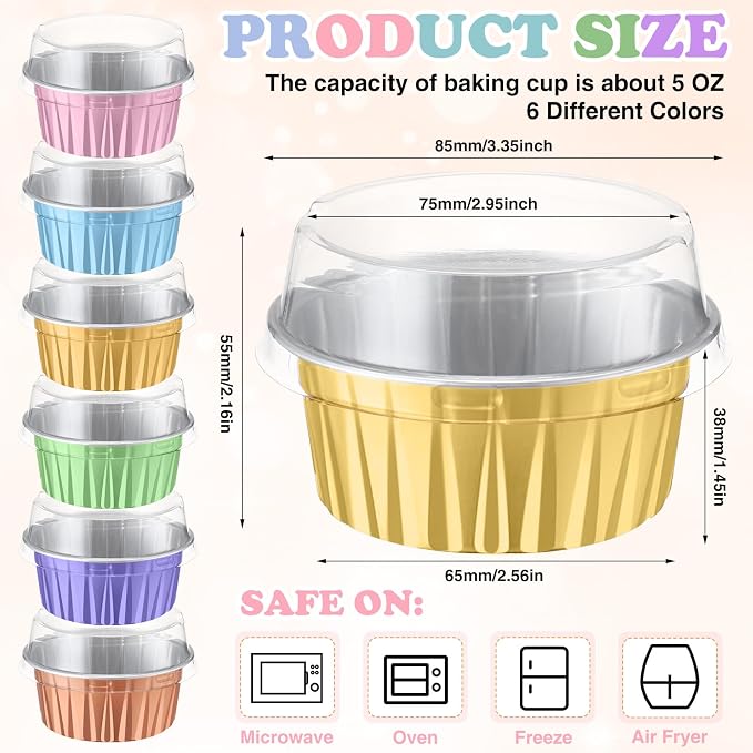 Gejoy 400 Pcs Aluminum Foil Baking Cups with Lids 5 oz Disposable Ramekins Mini Cake Pans Creme Brulee Cupcake Liners Muffin Tins Flan Mold Dessert Container for Wedding (Light Color,Classic)