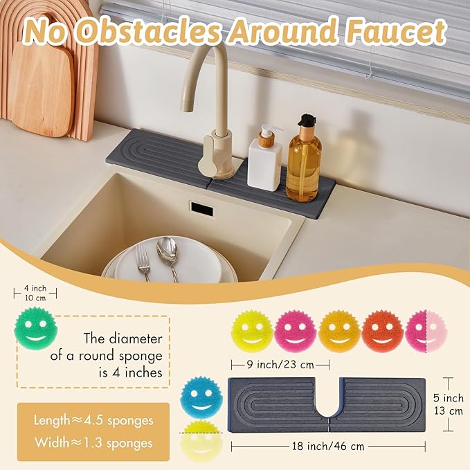 18 Inch Faucet Mat for Kitchen Island Sink, Wider Instant Dry Sink Protector for Countertop, Stone Sink Caddy Diatomaceous Earth Stone Drying Tray Around Faucet for Kitchen Bathroom RVs, Dark Grey