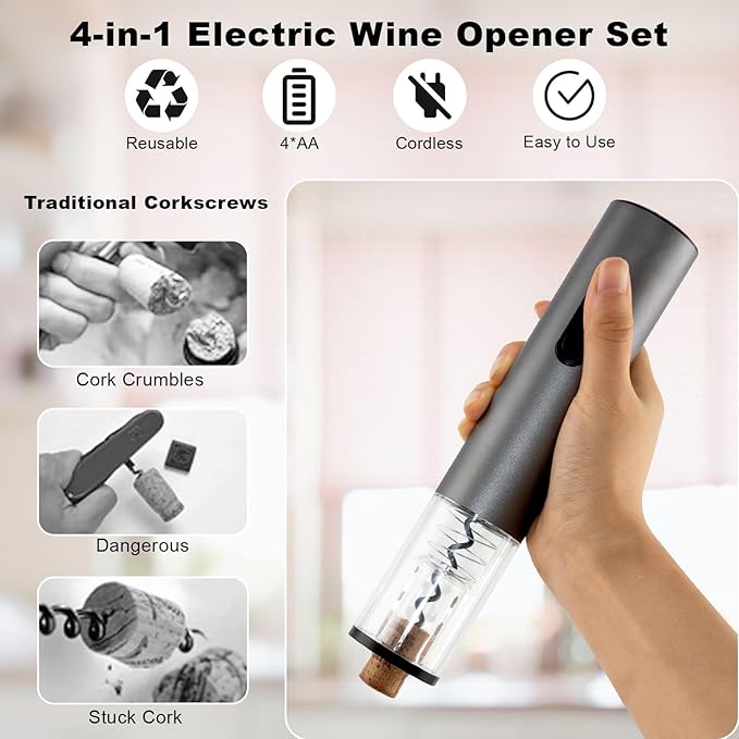 COKUNST Electric Wine Opener Set, 4-in-1 Wine Bottle Openers Set with Base, Automatic Corkscrew with Foil Cutter, Pour, Vacuum Stoppers for Home Party Wedding Bar - Battery Operated (Space Gray)