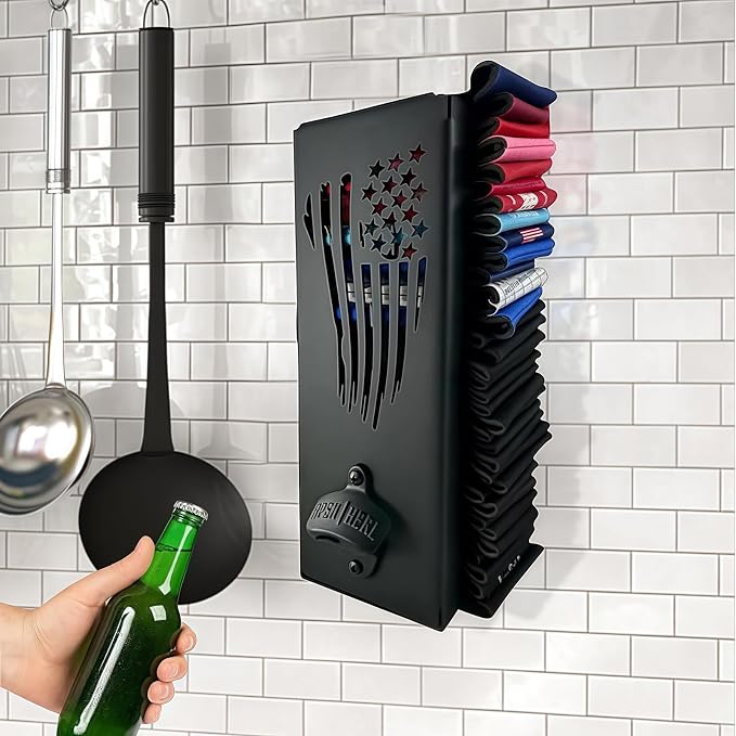 2 in 1 Metal Can Cooler Holder with Bottle Opener - Wall Mount, Compatible with Standard Can Cooler, Beer Sleeves Organizer and Dispenser for Home Family Bar